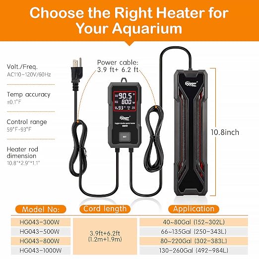 hygger Aquarium Heater 300W/500W/800W/1000W, Submersible Fish Tank Heater | With Digital LED Controller and Intelligent Leaving Water Automatically Stop Heating System, for Freshwater and Saltwater