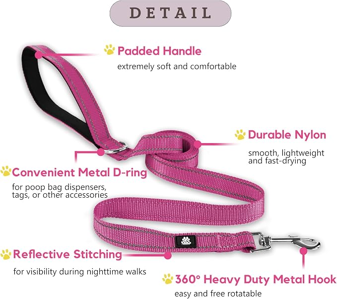 FURRYFECTION Reflective Dog Collar and Leash Set with Quick Release Buckle, Padded with Neoprene Adjustable Nylon Dog Collar for Small Medium and Large Dogs (Medium Collar+5FT Leash, Hot Pink)