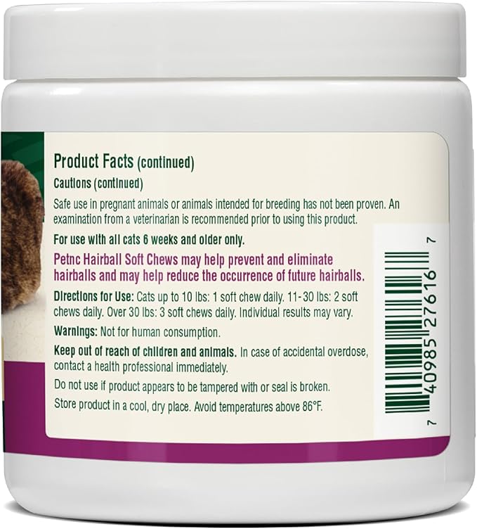 Petnc Hairball Soft Chews for Cats (90 Count), Helps Reduce Cat Hairball Formation with Mineral Oil & Black Pepper Extract, Chicken & Cheese Flavor, For Felines of All Ages & Breeds