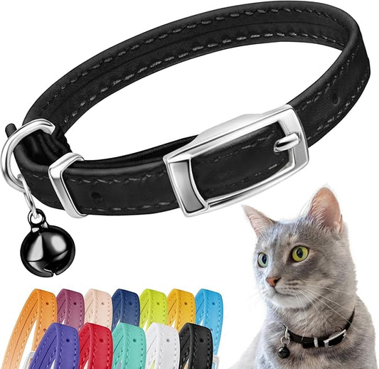 CollarDirect Leather Cat Collar with Removable Bell – Safety Elastic Strap (Breakaway Alternative) – Kitten Collar for Small & Big Boy & Girl Cats