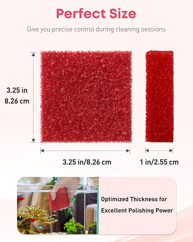 Pawfly 8 Pack Aquarium Glass Cleaner Sponge, 3.25" x 3.25" x 1", Algae Scrubber Pad for Glass Aquariums, Fish Tank Glass Cleaner, Aquarium Sponge, Aquarium Cleaning Tools, Red (Not for Acrylic Tank)