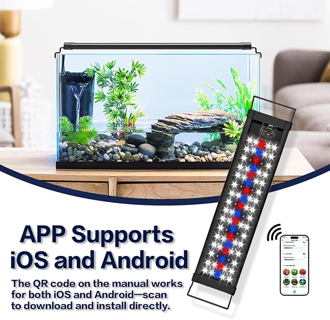 Smart LED Aquarium Light with App Control, Full Spectrum RGB, Bluetooth Enabled, Programmable Timer, Black, for Fish Tanks (WCL12-18B)