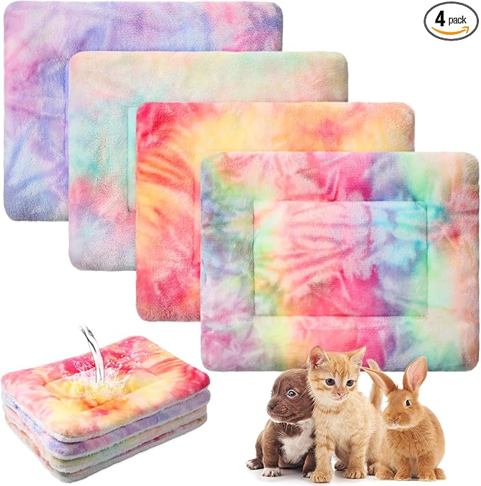Haull 4 Pcs Waterproof Guinea Pig Bedding Guinea Pig Bed Plush Cage Liners Soft Rabbit Dog Crate Pad Cat Mat Reversible Cozy Animal Pee Pad Hamster Bunny Mat Accessory(Tie Dyed,13 x 18.5 Inch)