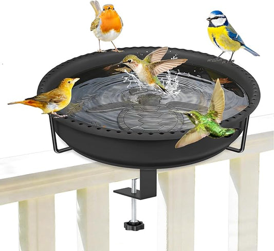 Bird Baths for Outdoors, Rustproof Metal Clamp Birdbaths & Birdfeeder with Detachable Plastic Basin, Outdoor Bird Feeding & Watering Station for Wild Birds Garden Patio Balcony (Black)