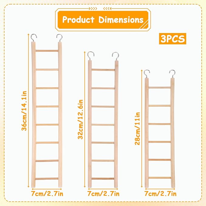 3 Pcs Bird Ladder Natural Wooden Bird Cage Ladder Set 6 Step/7 Step/8 Step Birds Cage Accessories Climbing Toys Wood Perch for Parrots Parakeets Cockatoo Lovebirds