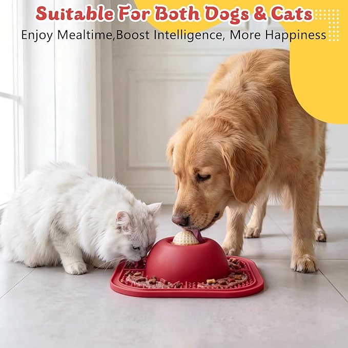 PetsHome Slow Feeder Dog Bowls & Lick Mat for Liquid and Thick Treat, Anti-Slip Dog Lick Bowl with Interactive Rolling Ball, 5/6 Cup Pup Licking Toy for Large Medium Small Dogs and Cats Red