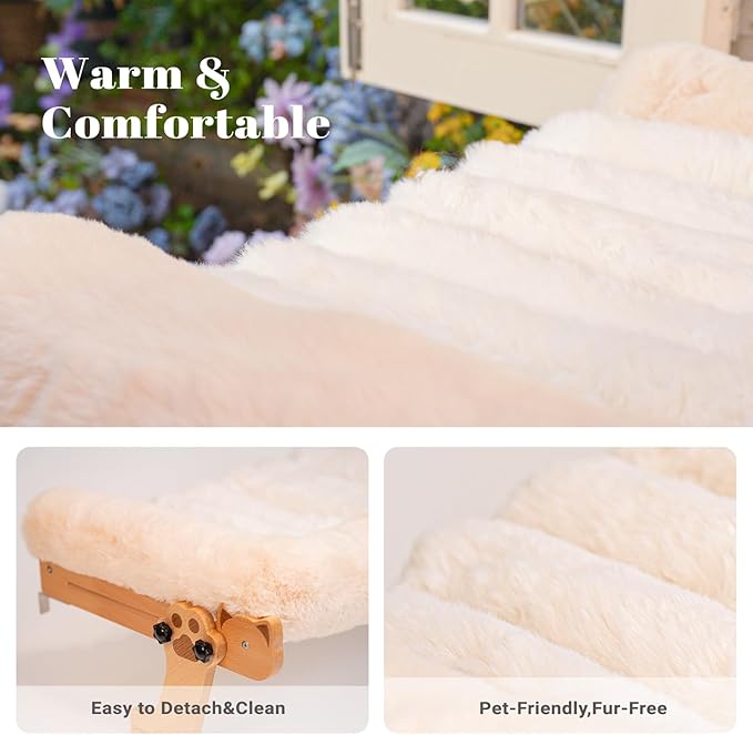 CHEERHOME PETS Cat Window Perch with Washable Bolster, Fluffy Cats Hammock Bed for Window, Adjust Wooden Seat for Kitten Bedside Windowsill, Wooden Cats Furniture(Thickened White)