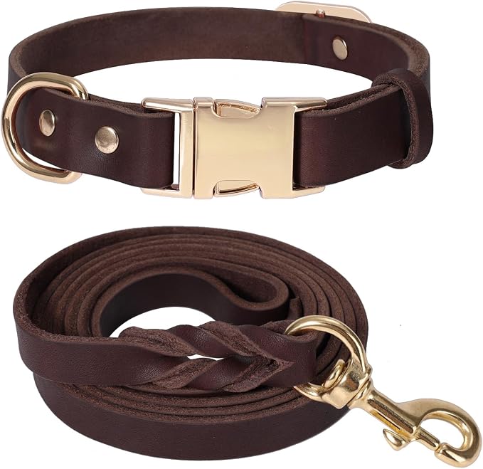 LWBMG 6FT Leather Dog Collar and Leash Set, Heavy Duty Dog Leash and Collar with Metal Buckle,Adjustable Pet Lead and Collar Set, Soft Pet Leash and Collar for Large Dogs Brown