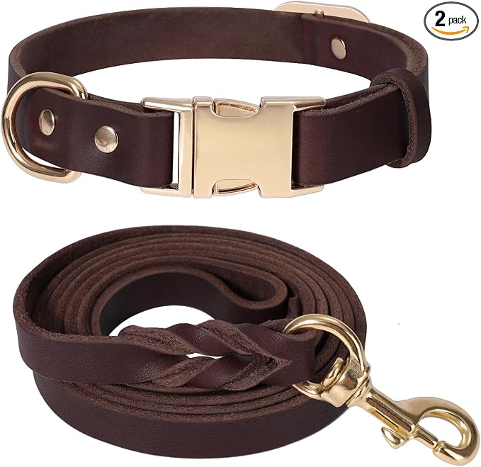 LWBMG 5FT Leather Dog Collar and Leash Set, Heavy Duty Dog Leash and Collar with Metal Buckle,Adjustable Pet Lead and Collar Set, Soft Pet Leash and Collar for Small Medium Dogs Brown