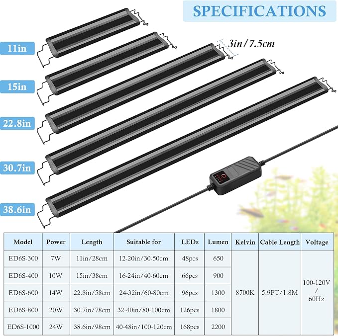 Aquarium LED Light, Full Spectrum Aquarium Plant Light with Timer, Extendable Metal Brackets, for Fish and Plant Tank (32-40 inch)