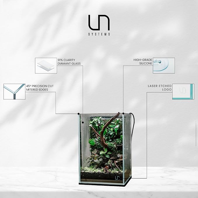 UNS Ultra Clear Rimless Tank - 10.6GAL | 40.5L - 11.81x11.81x17.71 | 30x30x45 CM, 5mm Glass Thickness, Leveling Mat Included - Low Iron, High Clarity Fish Tank w/ 45° Mitered Edge - [30T]