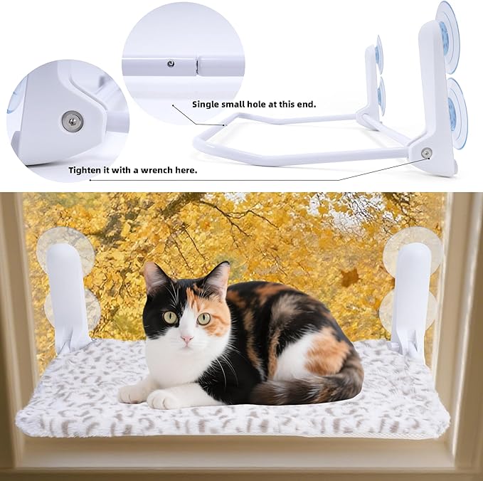 SMOUATOU Cat Window Perch, Cordless Foldable Cat Hammock Bed with 4 Suction Cups, Embeded Machine Washable Bed for Indoor Cats, Strong Metal Frame Holds 40lbs (Leopard Print)