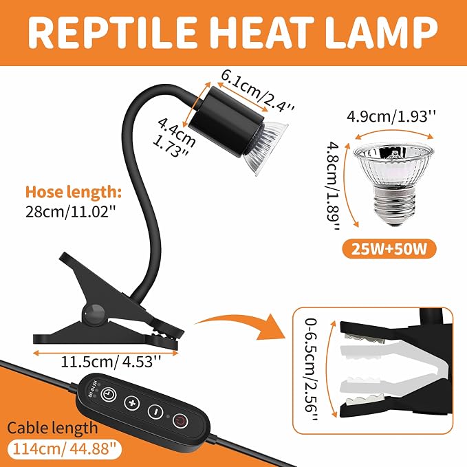 GOZILLA Reptile Heat Lamp, Turtle Lamp with 360° Goose Neck Rotatable Timing & Dimming Cycle Timer, 25W+50W UVA/UVB Reptile Light Bulbs for Reptiles and Amphibian Tanks, Terrariums and Cages.(Black)
