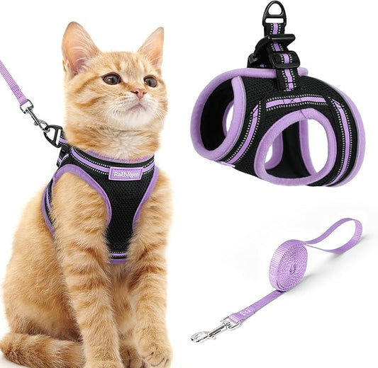 rabbitgoo Cat Harness and Leash Set for Walking Escape Proof, Adjustable Soft Kittens Vest with Reflective Strip for Cats, Comfortable Outdoor Vest, Black & Light Purple, M