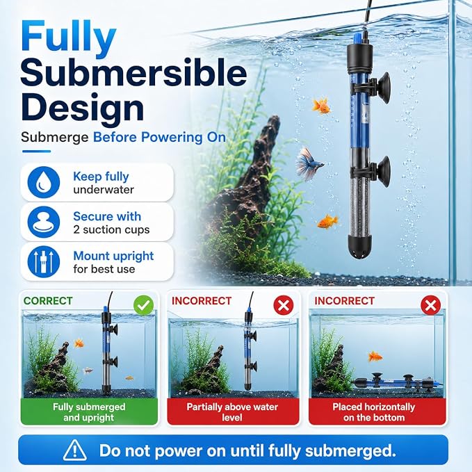 Mylivell Fish Tank Aquarium Heater - Adjustable Submersible 200W Aquarium Heater with Thermostat for 40-65 Gallon Betta, Turtle, Saltwater and Freshwater Tanks