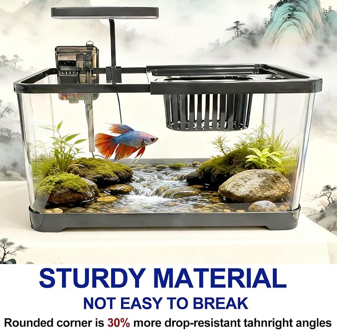 4 Gallon Fish Tank, Aquarium Plastic Starter Kit with Filter, Small Net and LED Light, Fish Tank for Betta, Plastic Nano Aquarium with Lid(15 * 7.87 * 8.07 inch/Black) (4 Gallon Fish Tank)