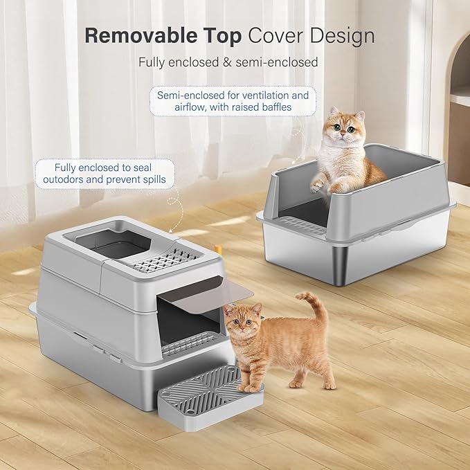 Aphyxen Stainless Steel Litter Box with Lid, XL Extra Large Enclosed Cat Litter Box Fits All Cats Modular Design with Flip Cover, Top Entry Metal High Sided Cat Box & Pedal & Scoop (Grey)