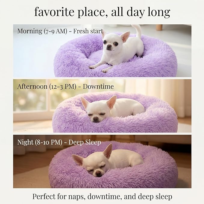 Calming Donut Dogs Beds for Small Dogs Washable,19inch Fluffy Round Puppy Bed for Puppies,Cats & Toy Breeds with Raised Rim,Fits up to 15 lbs Pets,Purple