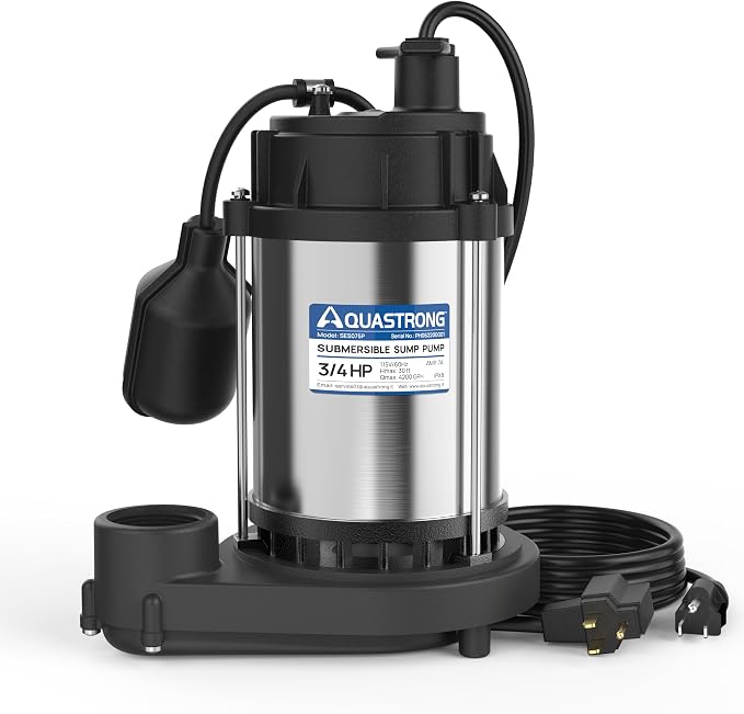 AQUASTRONG 3/4 HP Sump Pump, 4200 GPH Stainless Steel and Thermoplastic Submersible Water Pump, Automatic Float Switch with Piggy-back Plug,1-1/2" NPT Discharge Subpumps for Basement and Flooding Area | Stainless Steel and Cast Iron Sump Pump, Automati...