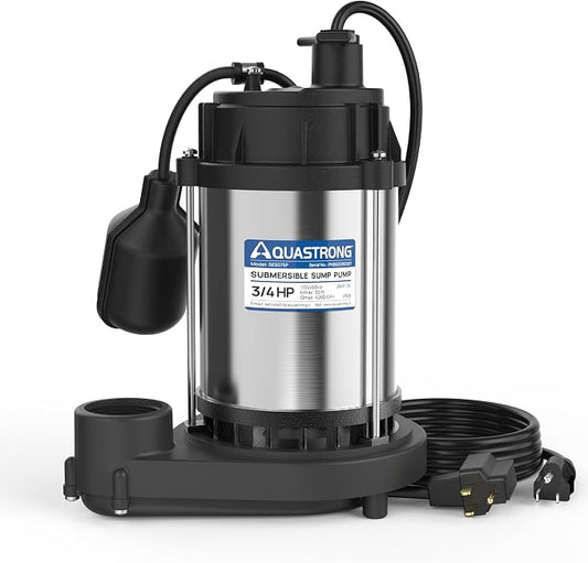 AQUASTRONG 3/4 HP Sump Pump, 4200 GPH Stainless Steel and Thermoplastic Submersible Water Pump, Automatic Float Switch with Piggy-back Plug,1-1/2" NPT Discharge Subpumps for Basement and Flooding Area | Stainless Steel and Cast Iron Sump Pump, Automati...