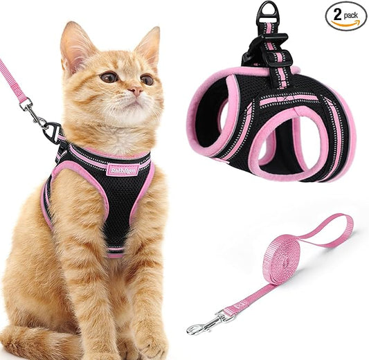 rabbitgoo Cat Harness and Leash Set for Walking Escape Proof, Adjustable Soft Kittens Vest with Reflective Strip for Cats, Comfortable Outdoor Vest, Black & Pink, M