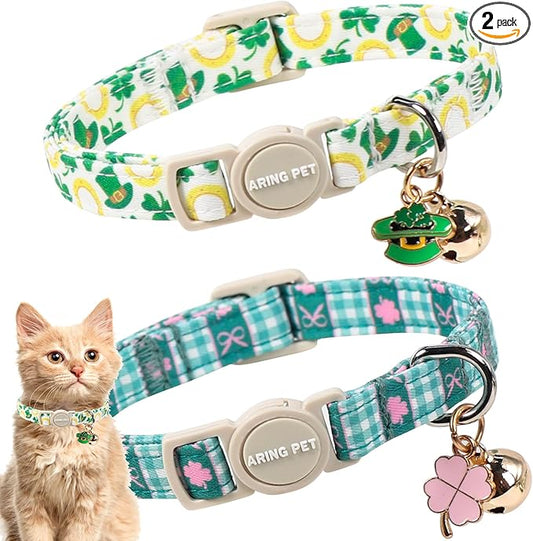 ARING PET 2 Pack St Patrick's Day Cat Collar, Breakaway Kitten Small Cute Green Lucky Clover Shamrock Collars with Bells for Girl Boy Cats