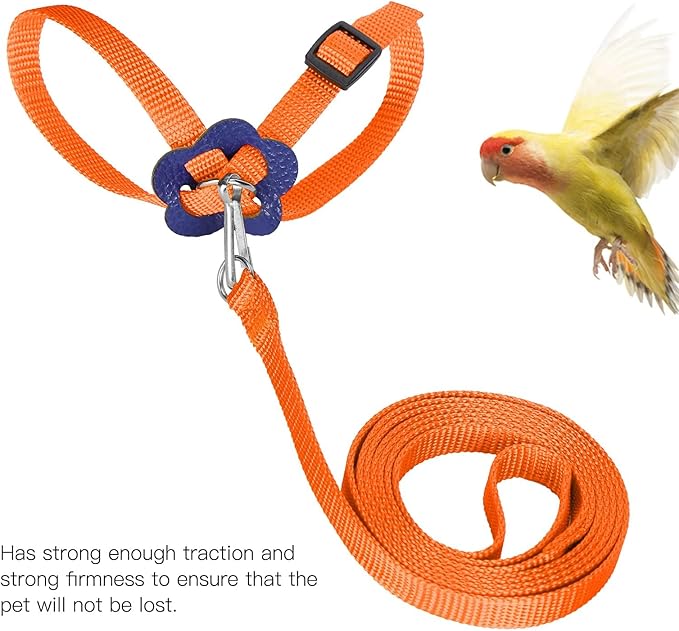 Bird Harness and Leash, 120cm Pet Parrots Adjustable Nylon Anti‑Bite Training Rope for Outdoor Flying Parrot Harness Leash Training Supplies for Parrots Alexandrine, Scarlet, Keck, Mini Macaw(Orange)