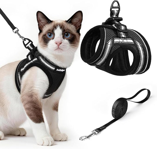 rabbitgoo Cat Harness and Leash Set for Walking Escape Proof, Adjustable Soft Kittens Vest with Reflective Strip for Cats, Comfortable Outdoor Vest, Black, L