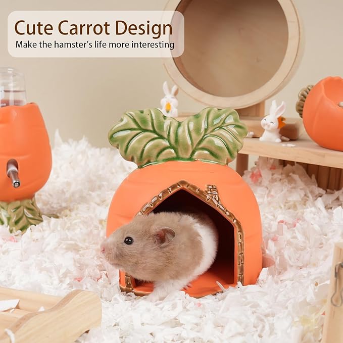 Ceramic Hamster Hideout, Hamster House and Habitat, Syrian Hamster Hideout Decor Cool Bed for All Season Gerbil, Mice Guinea Pig (Orange, Carrot)