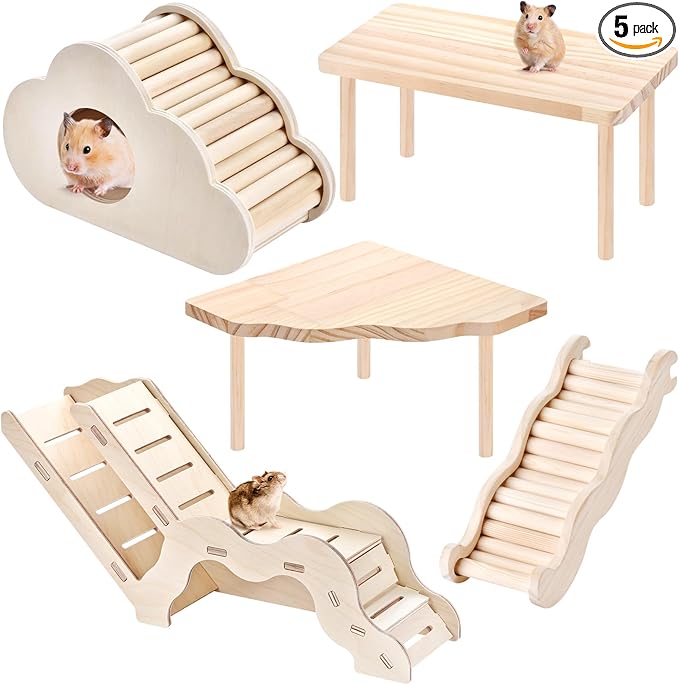 5-in-1 Wooden Hamster Toys Set Hamster House Hideout with Ladder Bridge Platform Table Climbing Ramp, Chew Toy for Syrian Dwarf Hamsters Gerbils Small Pets Cage Accessories Natural Wood Habitat Decor