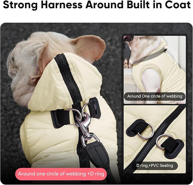 Vecomfy Fleece Lining Dog Hoodie with Harness Built in,Extra Warm Small Dog Jacket in Winter Puppy Coats with Hooded,Light Yellow M