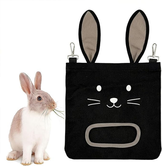 Rabbit Hay Feeder Bag - Hanging Rabbit Hay Feeder for Rabbits, Guinea Pigs and Chinchillas, Moss and Alfalfa Hay (Black)