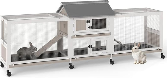 Gowoodhut 2-Story 93.1"L Rabbit Hutch Indoor and Outdoor with 8 Wheels,Wooden Rabbit Cage with 4 Pull Out Leak-Proof Trays for 2-4 Rabbits,Bunny Hutch with Asphalt Roof Bunny Cage with 7 Accesses,Grey