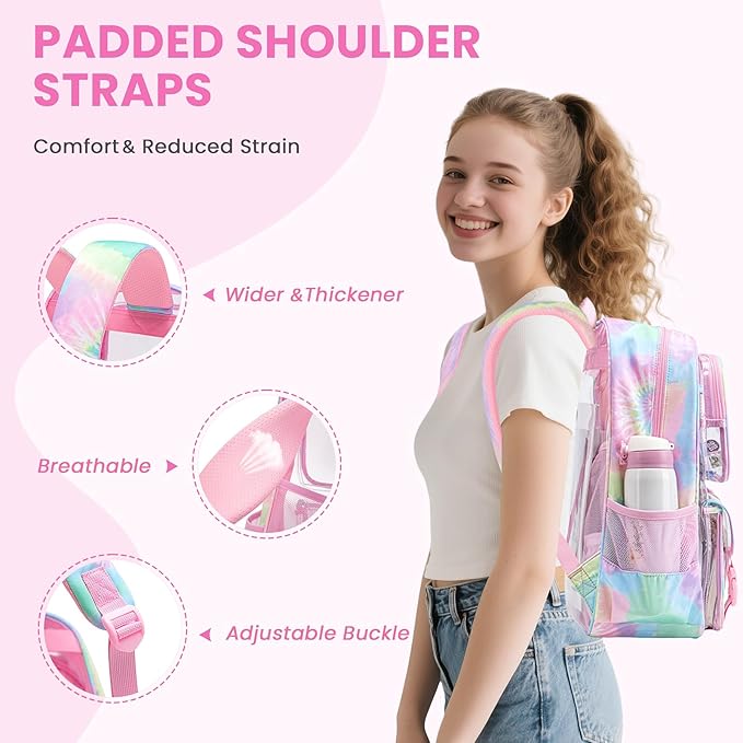 MUSEVOS Clear Backpack for School, Heavy Duty Clear Bookbag for Girls Boys Transparent Backpack with Badge Holder, Pink Tie-dye