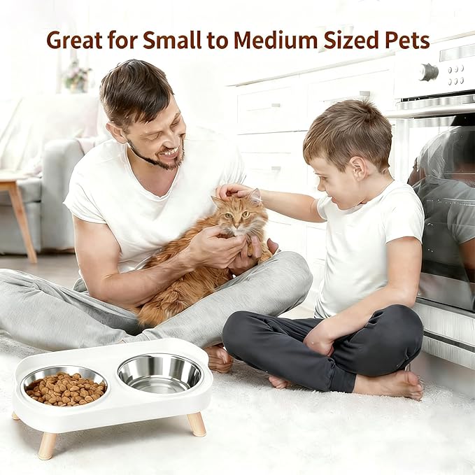 Elevated Cat Bowls, 2 Stainless Steel Raised Cat Food and Water Bowl Set, Splash Proof & Non-Slip, Whisker Fatigue Friendly, Dishwasher Safe for Cats and Small Dogs - White