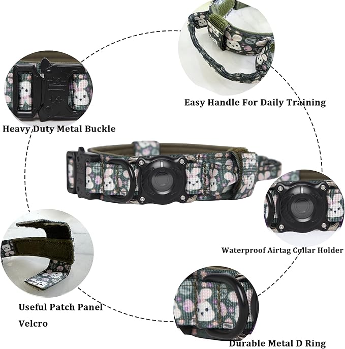 Upgraded AirTag Dog Collar,Waterproof Tactical Dog Collar with AirTag Holder, Control Handle and Metal Buckle,Heavy Duty Dog Collars for Large Dogs (Rabbit，M