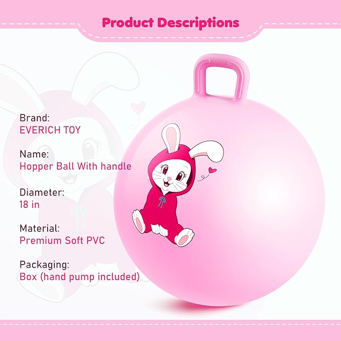 Hopper Ball, Pink Bunny Hopping Toys for Kids, 18 Inch Bouncy Ball with Handle, Indoor Outdoor Inflatable Hoppity Hop Toys for Girls Boys Gift with Pump