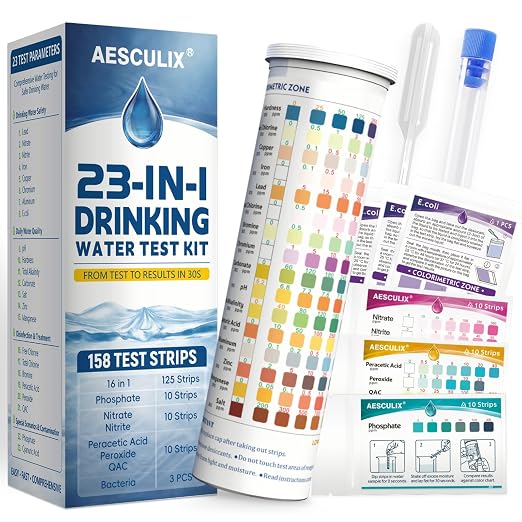 23 in 1 Water Test Kit for Drinking Water 158 Strips, Upgraded Home Water Testing Strips for Well & Tap Water, Detects Hardness, Chlorine, pH, Lead, Iron, Copper & More