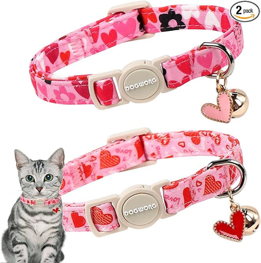 2 Pack Cat Collars Breakaway with Bell, DOGWONG Safety Buckle Valentine's Day Cat Collar Pink Heart for Girl Boy Cats and Small Dogs，Adjustable 7-12 Inch,Pet Supplies Accessories