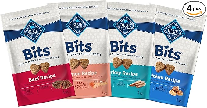 Blue Buffalo Bits Soft Dog Treats for Training, Made with Natural Ingredients & Enhanced with DHA, Beef, Salmon, Turkey, & Chicken 4-oz Variety Pack, 4 ct
