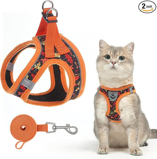 SCENEREAL Fall Thanksgiving Cat Harness and Leash Set Escape Proof, Soft Mesh Kitten Harness for Walking Travel, Reflective Adjustable Pet Vest with Leaf Print for Cat Puppy, M
