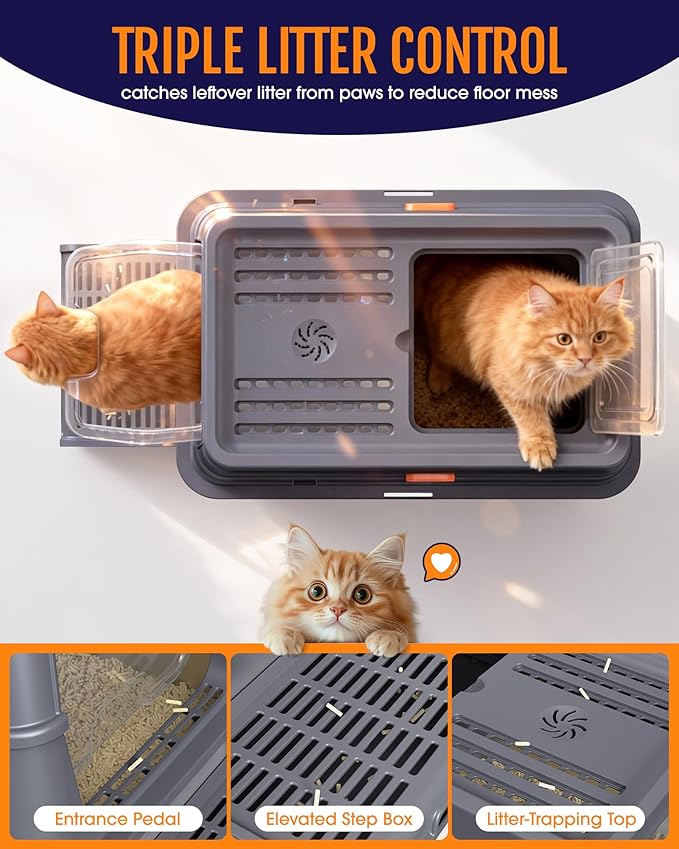 Powools Cat Litter Box - Stainless Steel Litter Box with Lid for Kitty, Metal Base Enclosed Cat Box with Litter Scoop, Elevated Step Box, Activated-Carbon Pack, 23.6" x 15.7" x 15", Grey