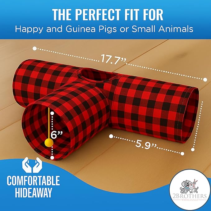 Tunnels with 3-Way Entrance - Cozy, Washable Guinea Pig Hideout - Interactive Cage Toys (Red Plaid)