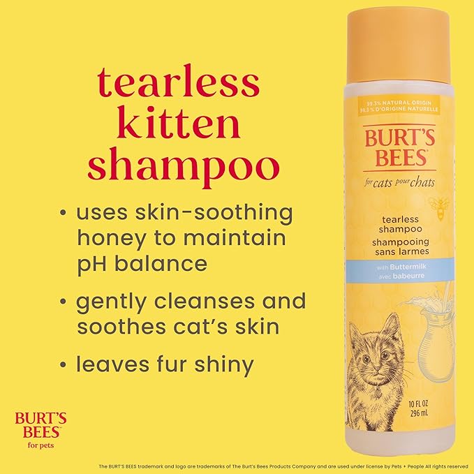 Burt's Bees for Pets Tearless Kitten Shampoo with Buttermilk and Honey, 99% Natural Origin Gentle Cat Shampoo for Sensitive and Itchy Skin, pH Balanced and Fragrance-Free, 10 Fl Oz - 2 Pack