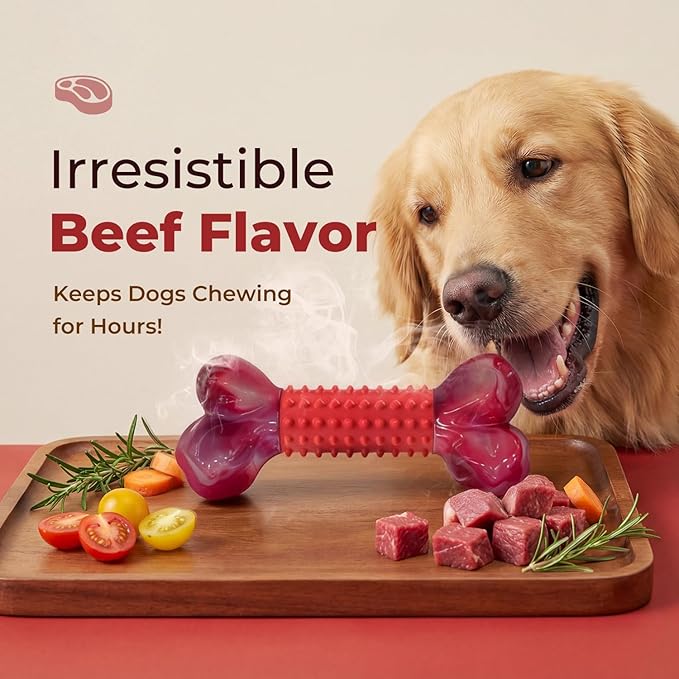 Apasiri 4-Pack Tough Dog Toys for Aggressive Chewers: Beef Flavored Long Lasting Dog Bones for Large Dogs, Heavy Duty Nylon & Rubber Dog Chew Toys to Keep Them Busy, Medium & Large Breed, Red