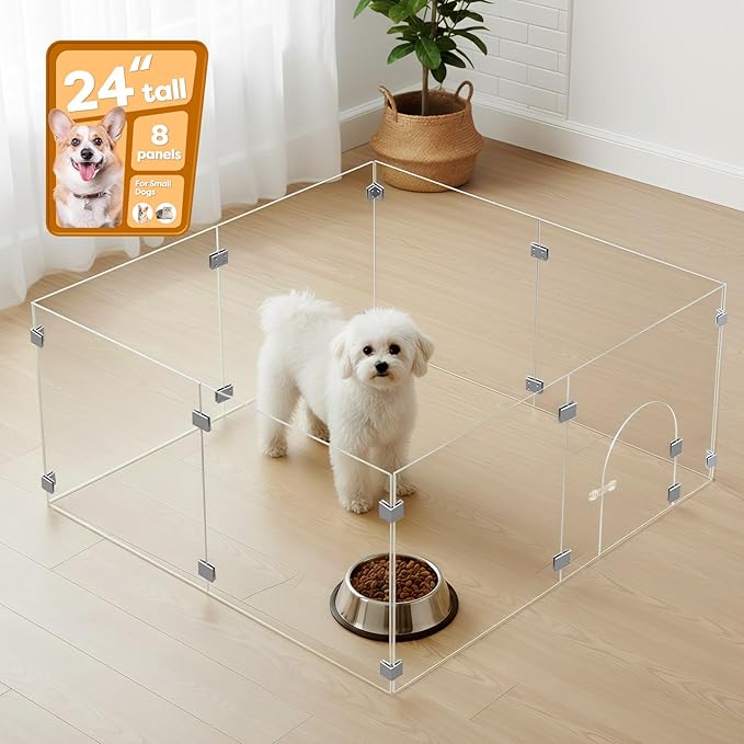 Clear Acrylic Pet Playpen with Door, 8 Panels 23.6 Inches High, Indoor Pet Fence & Crate for Puppies Small Dogs and Cats, with Metal Connectors, Easy to Assemble, Free Combination of Multiple Styles