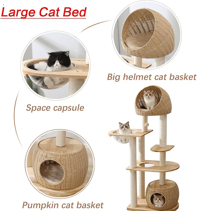 Modern Cat Tree Wood for Indoor Cats, 59-Inch Multi-Level Cat Tower with Scratching Post for Large Cats, Sturdy Cat Condo with Two Handwoven Basket and Capsule, Easy to Clean