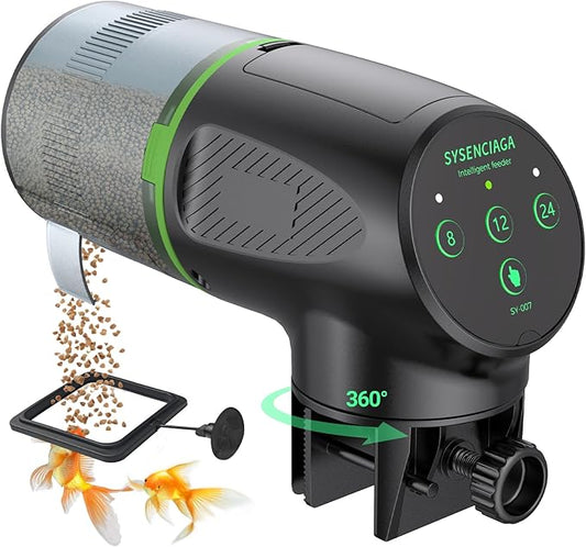 Automatic Fish Feeder for Aquarium, Auto Food Dispenser with Timer, 200 ml Fish Feeder for Pellets Granules & Strips, 360° Rotation Automatic Fishs Dispenser for Small Tank, Big Aquariums & Pond