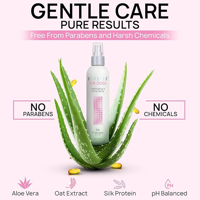 BioSilk for Dogs Silk Therapy Detangling and Shine Protecting Spray, pH Balanced Leave-In Mist with Silk and Vitamins for Dematting, Paraben-Free, All Coats and Breeds, 8 Fl Oz