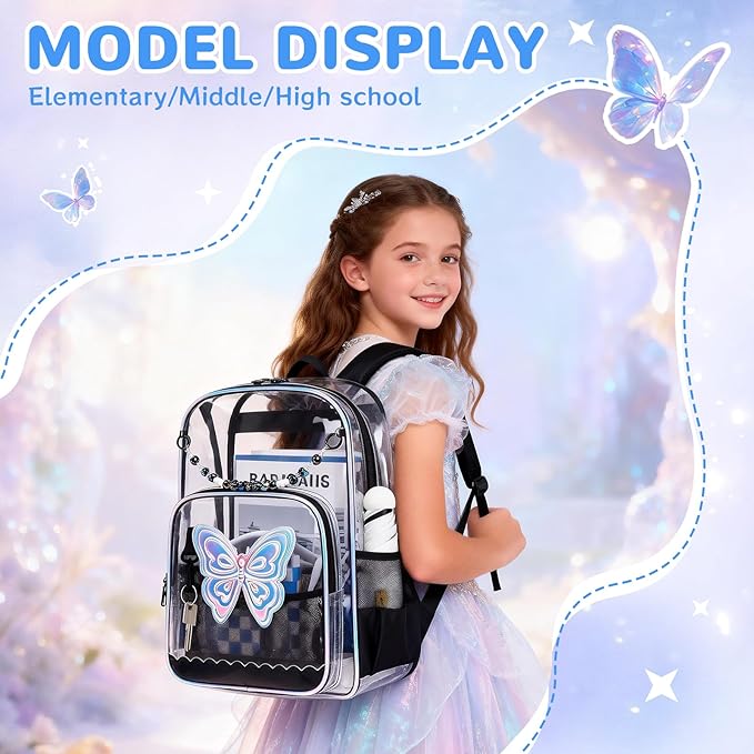 MUSEVOS Clear Backpack, Clear Bookbag for School PVC Heavy Duty Transparent Backpack for Girls, Black Butterfly